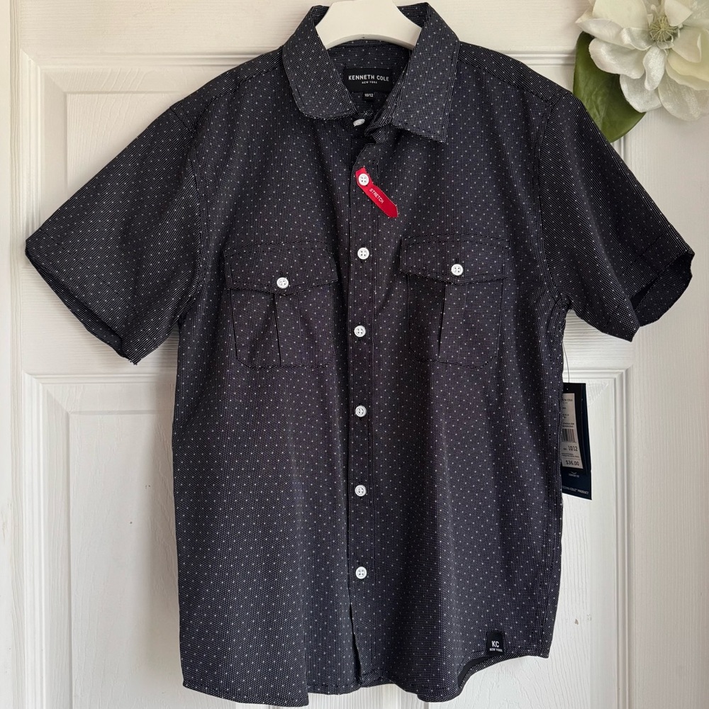 Kenneth Cole Boys Black & White Patterned Short Sl Button Down Shirt Sz 10-12